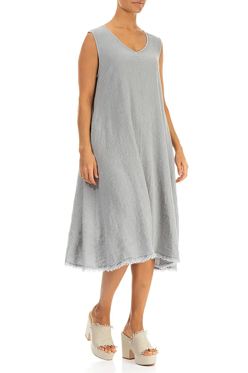 Frayed Hem Silver Grey Linen Viscose Dress