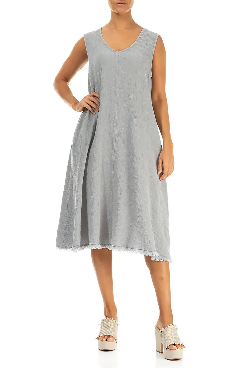 Frayed Hem Silver Grey Linen Viscose Dress