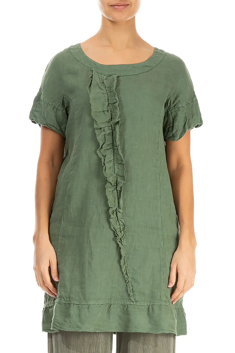 Frill Detail Green Linen Tunic Dress 1