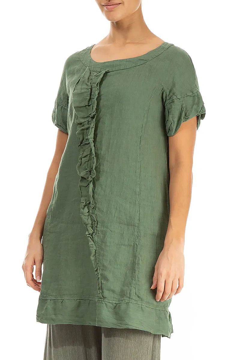 Frill Detail Green Linen Tunic Dress 3