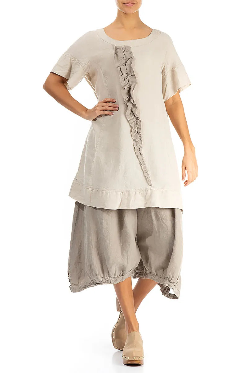 Robe tunique en lin naturel à volants