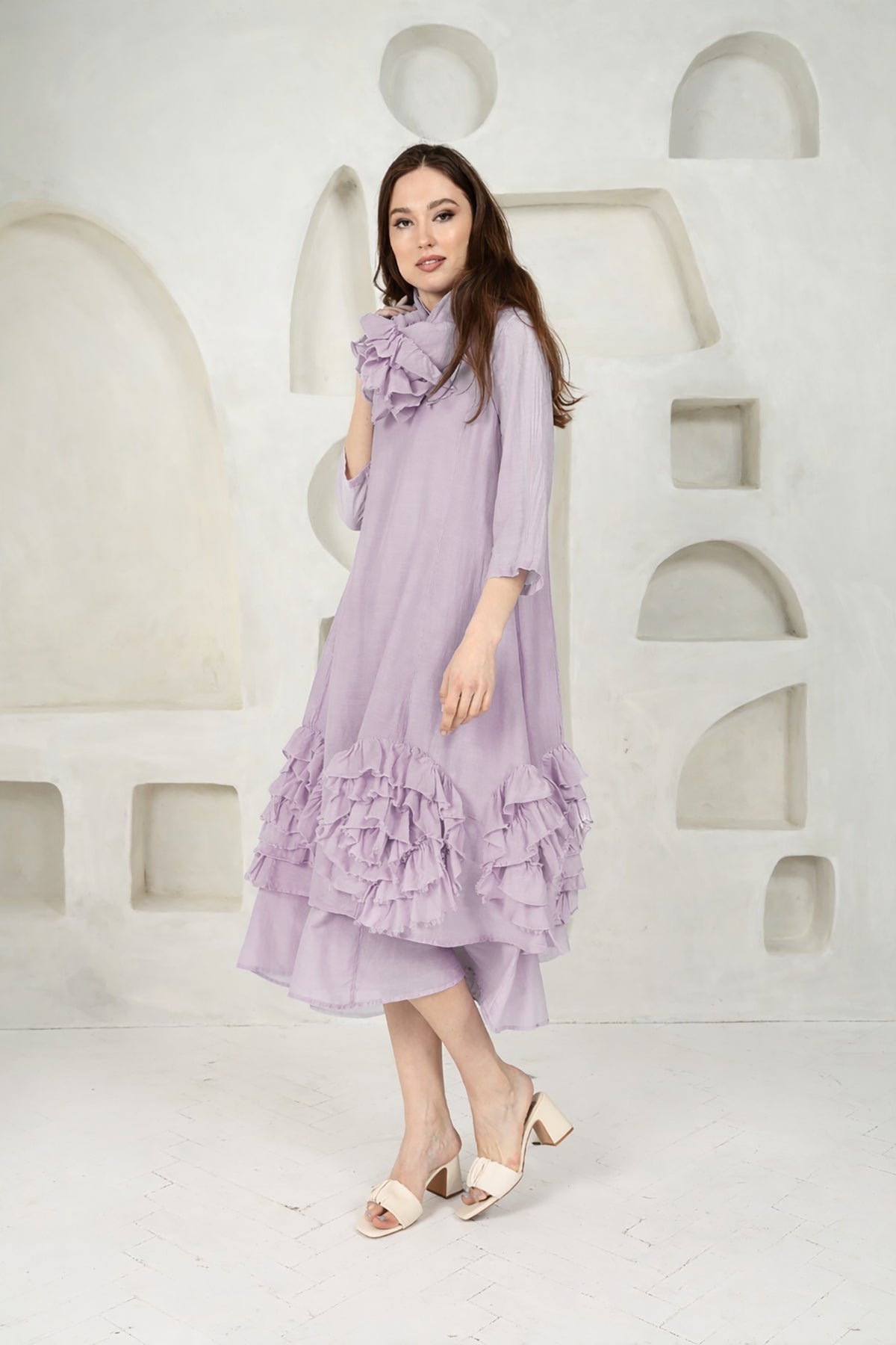 Frilly Flower Lilac Silk Cotton Dress 7