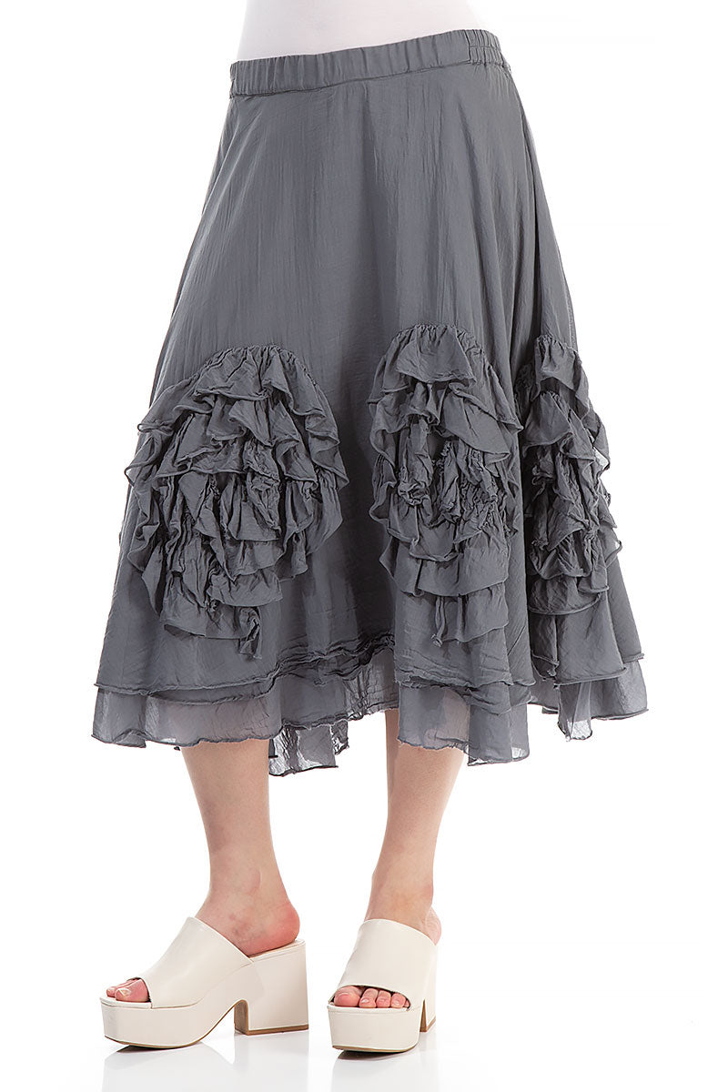 Frilly Flower Storm Grey Silk Cotton Midi Skirt 3