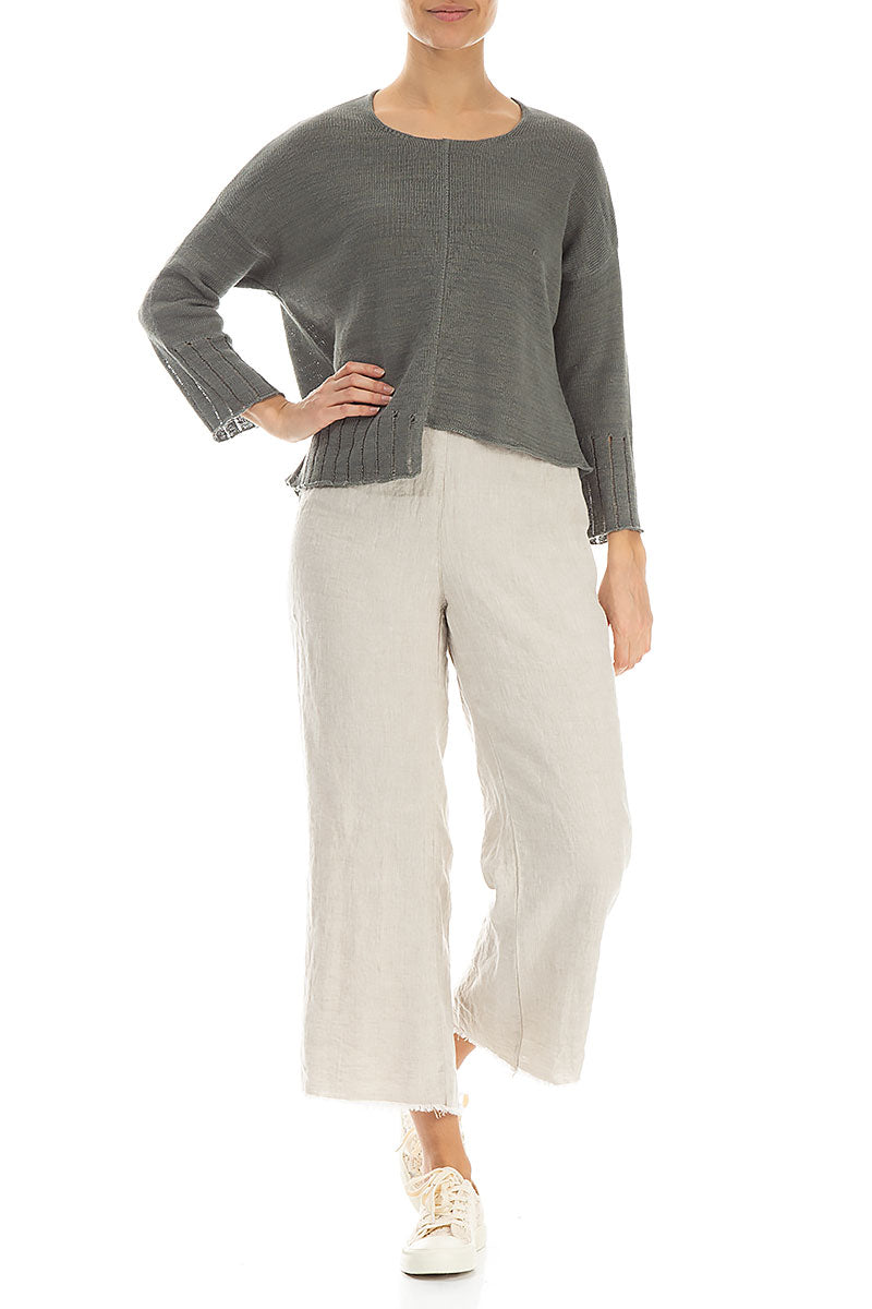 Fringed Flared Natural Linen Trousers 4