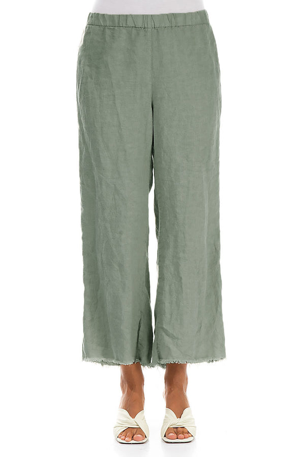 Pantalon évasé en lin sauge à franges