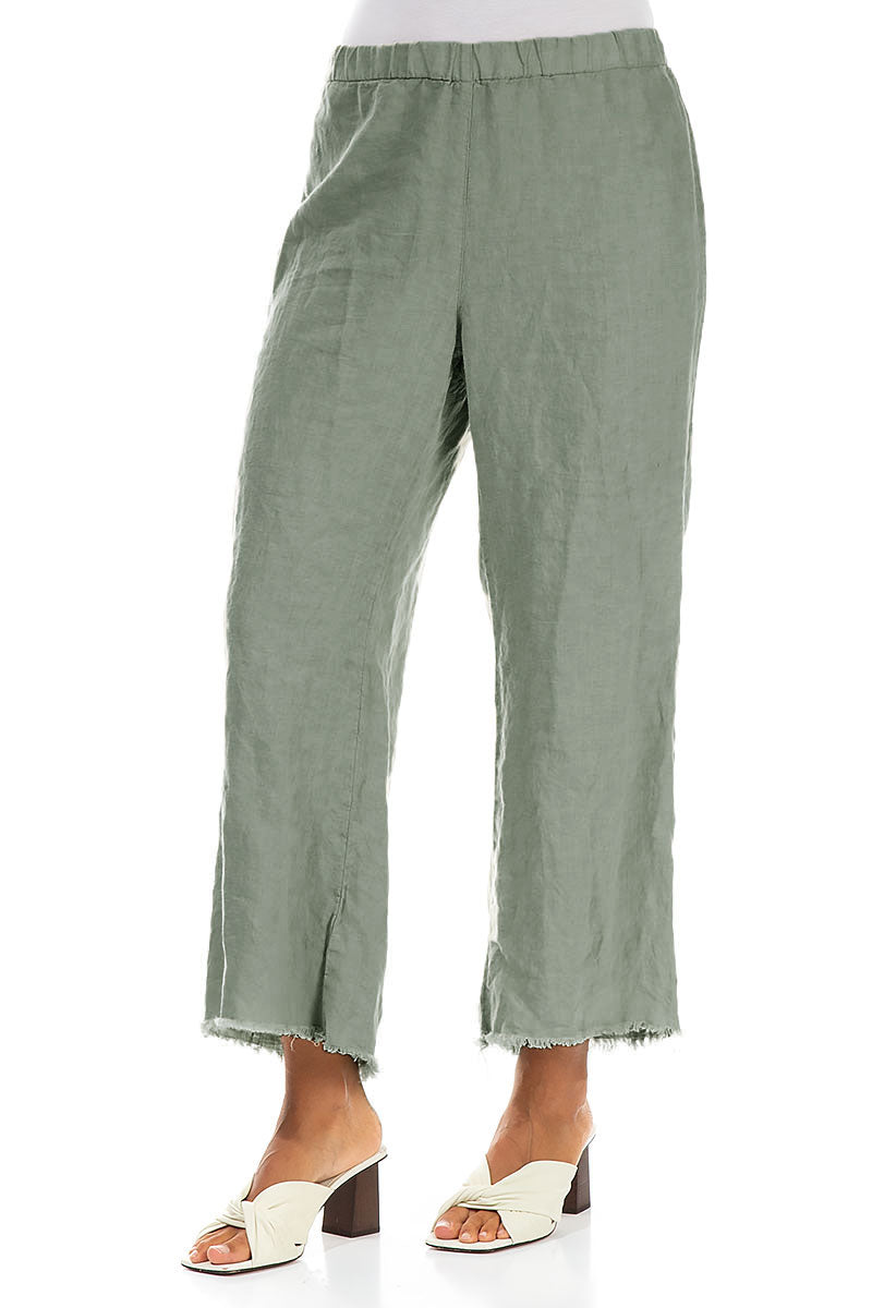 Fringed Flared Sage Linen Trousers