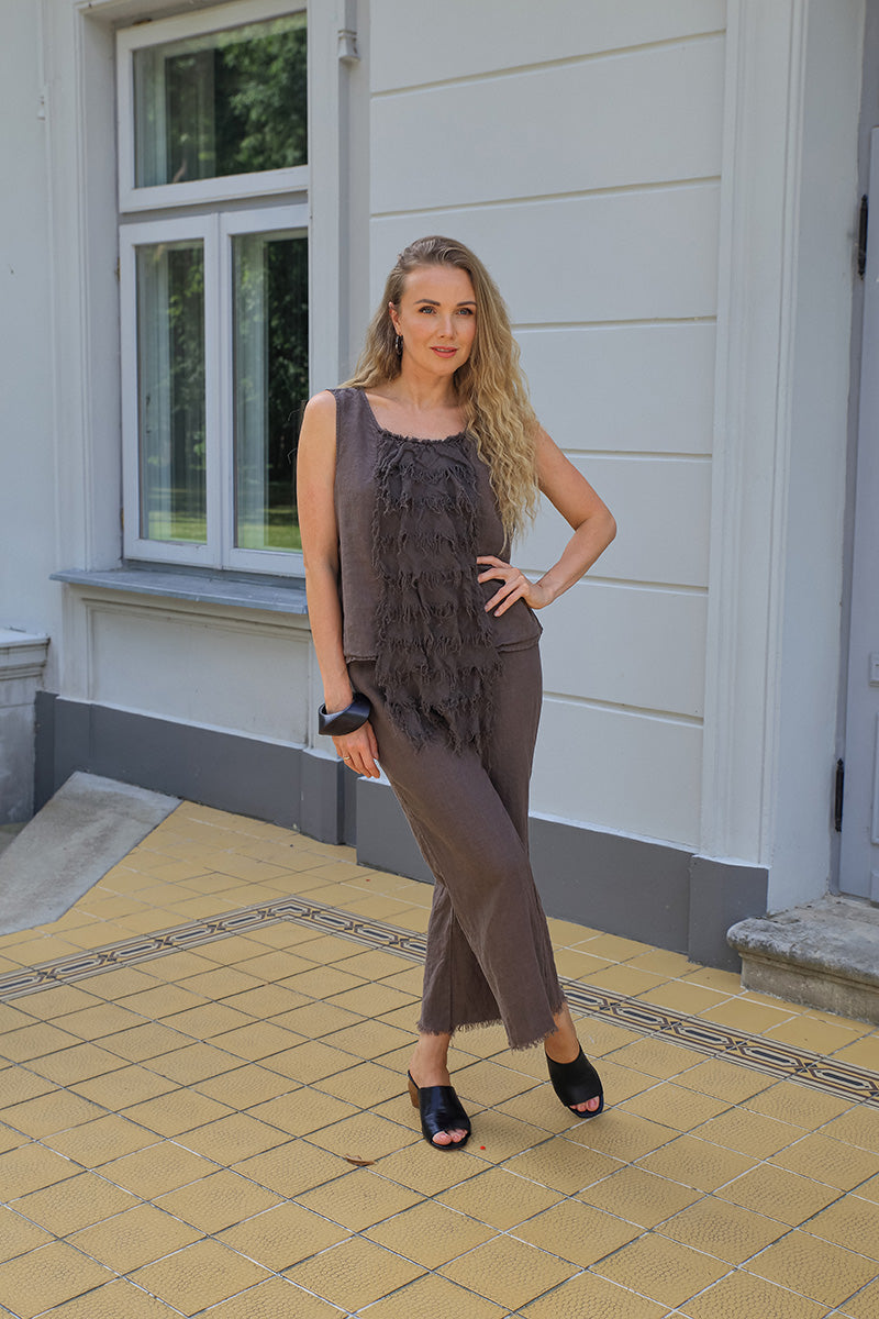 Fringed Flared Truffle Linen Trousers 6