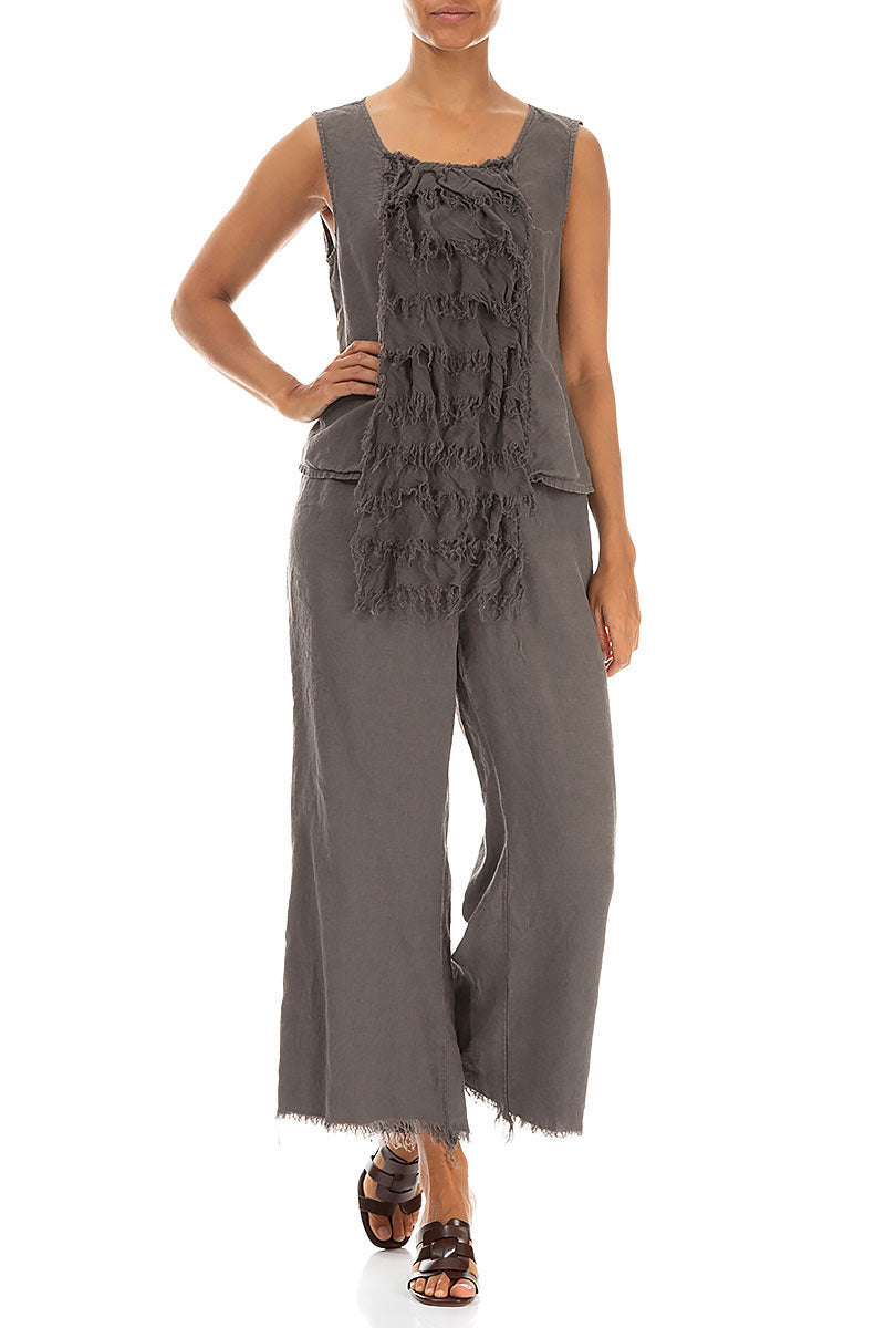 Fringed Flared Truffle Linen Trousers 4