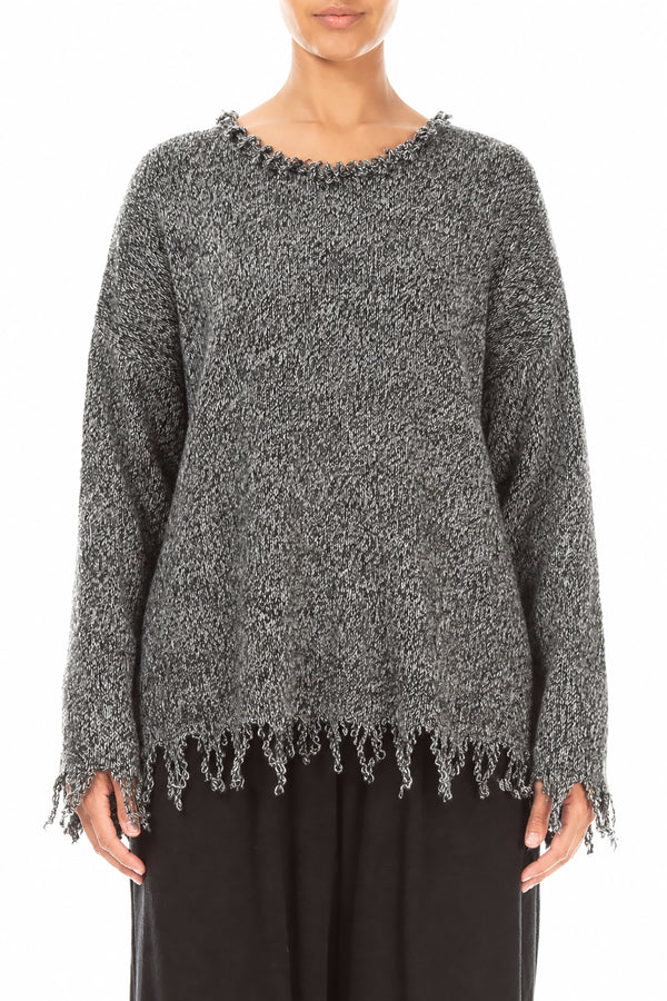Fringed Grey Mélange Cashmere Sweater 1