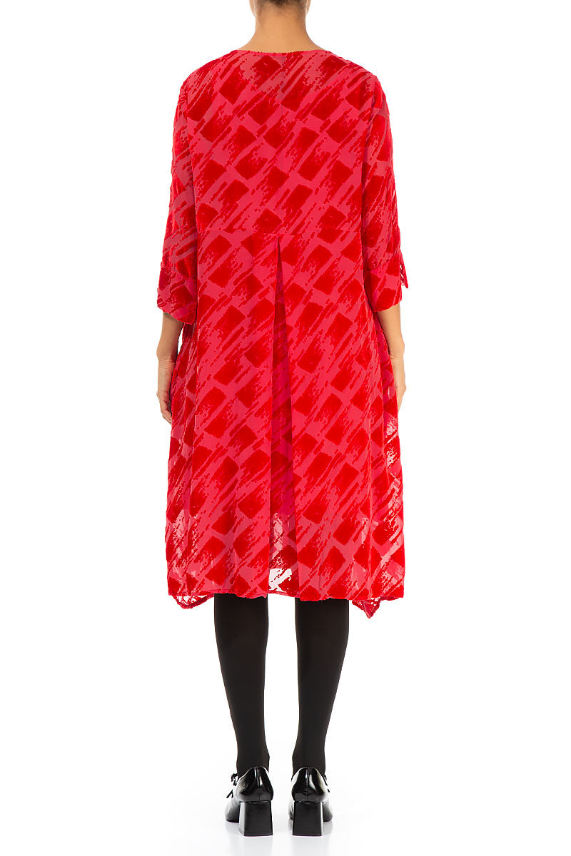 Front Buttons Flared Devoré Red Silk Velvet Dress 2