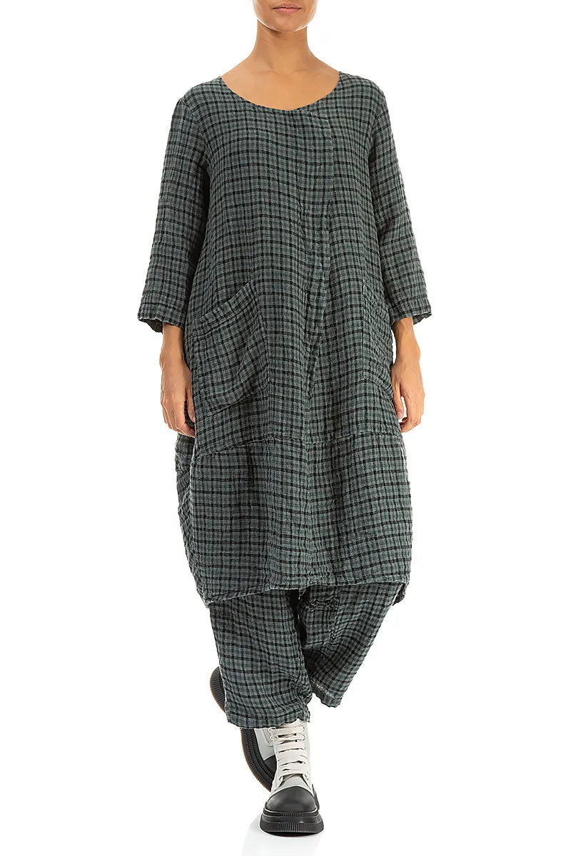 Front Pockets Sage Check Linen Dress 4