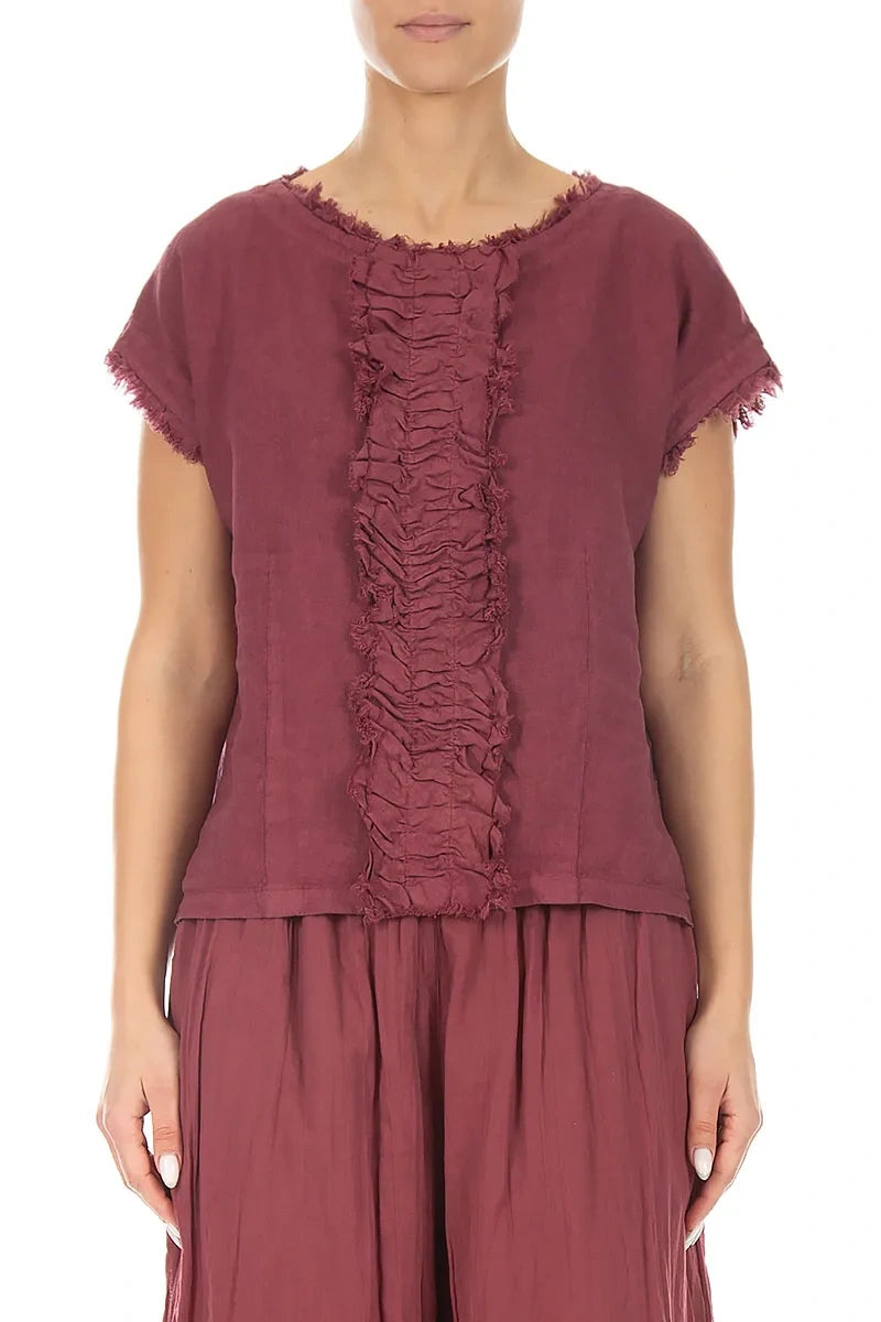 Front Ruffle Antique Ruby Linen Blouse 1
