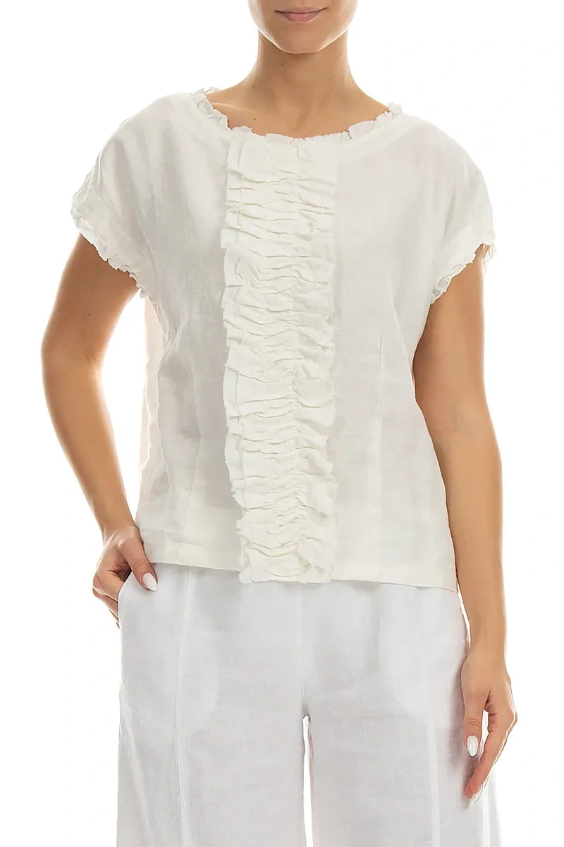 Front Ruffle Off White Linen Blouse 3