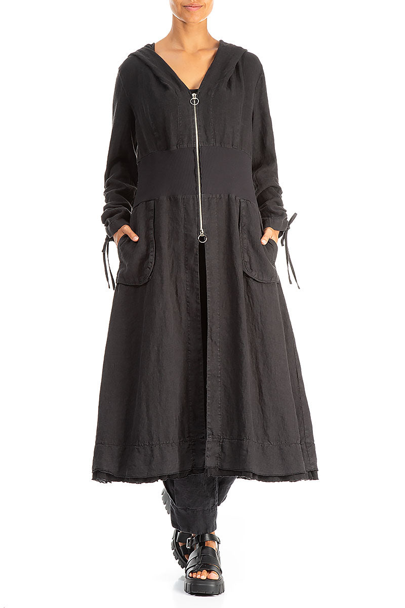 Gathered Sleeves Black Linen Hooded Jacket 4