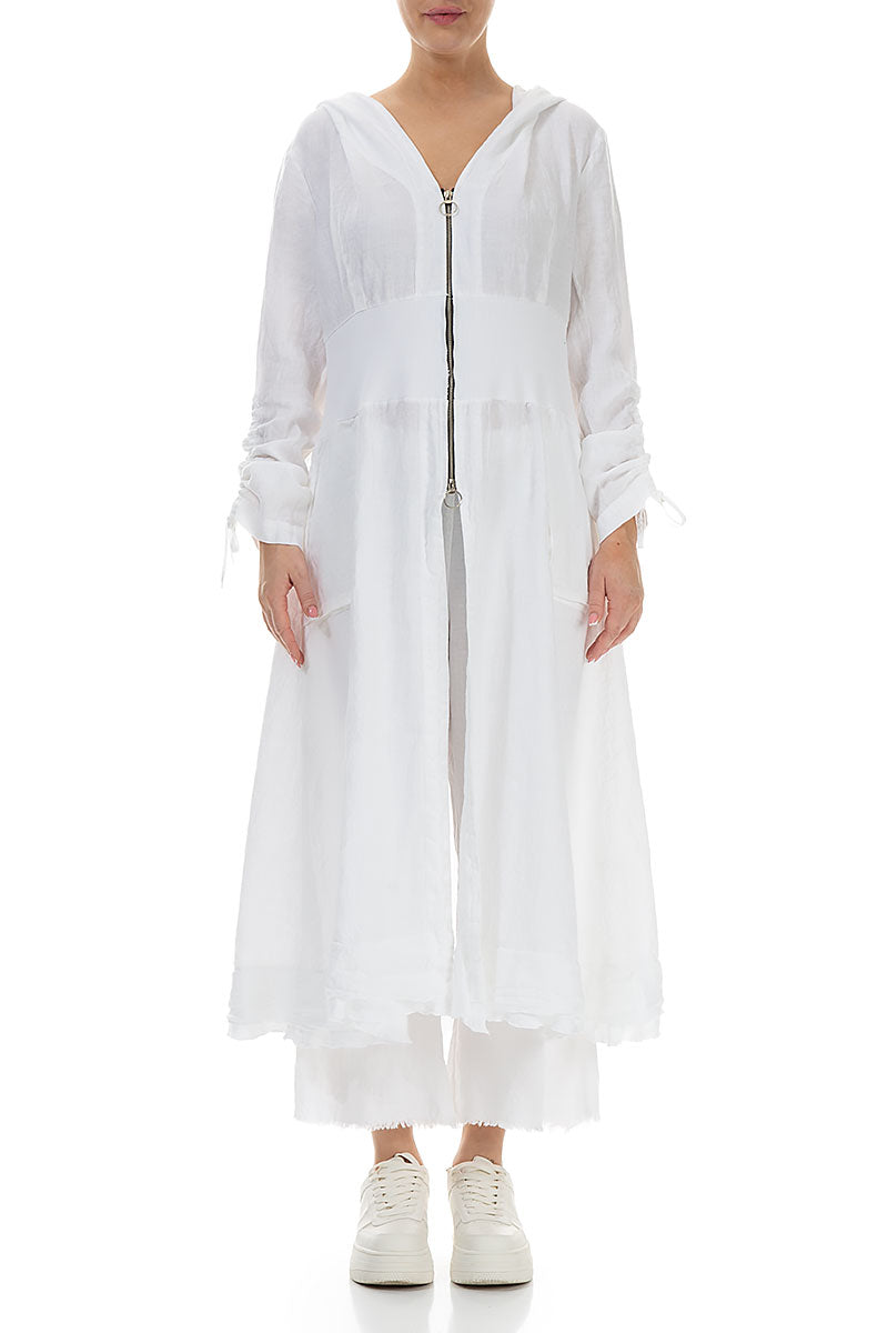 Gathered Sleeves White Linen Hooded Jacket 1