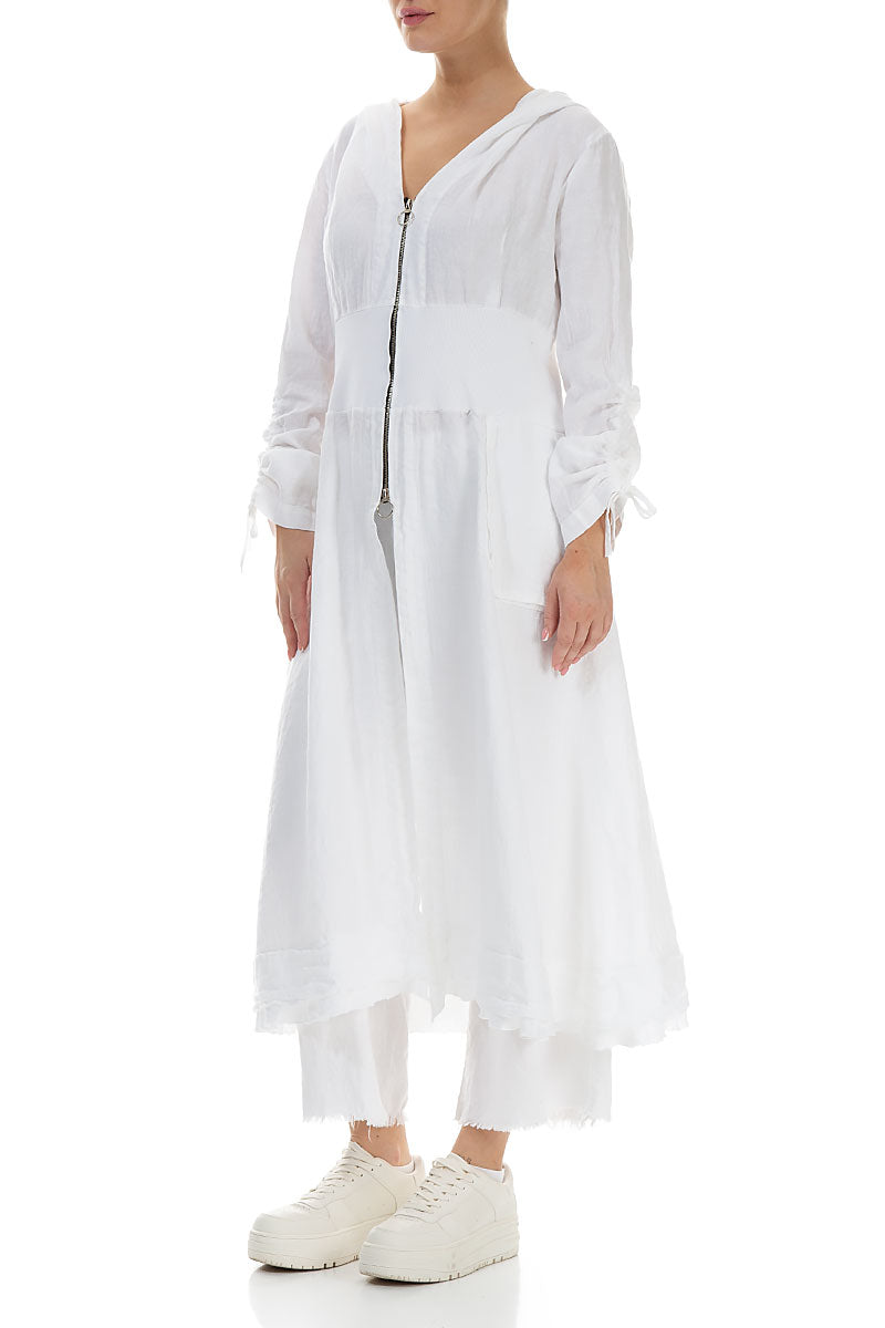Gathered Sleeves White Linen Hooded Jacket 3