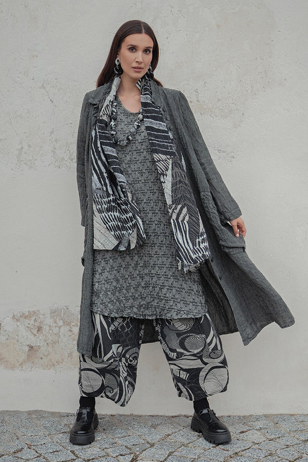 Kleid aus Leinen mit geometrischer Struktur in Olive Grey