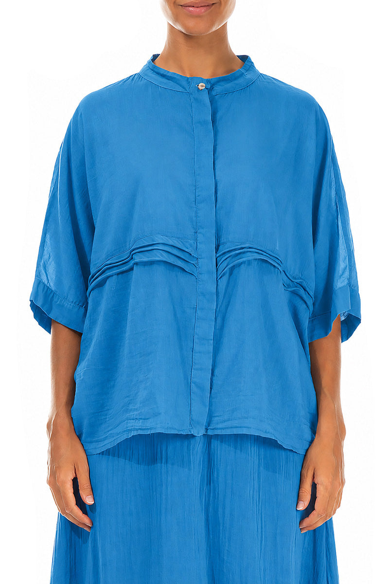 Chemise en soie et coton bleu cobalt à col grand-père