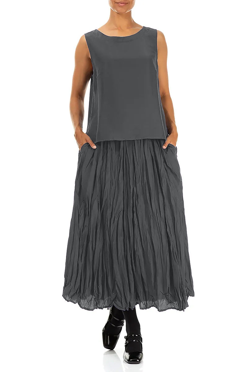 Graphite Blue Crumpled Pure Silk Skirt 4