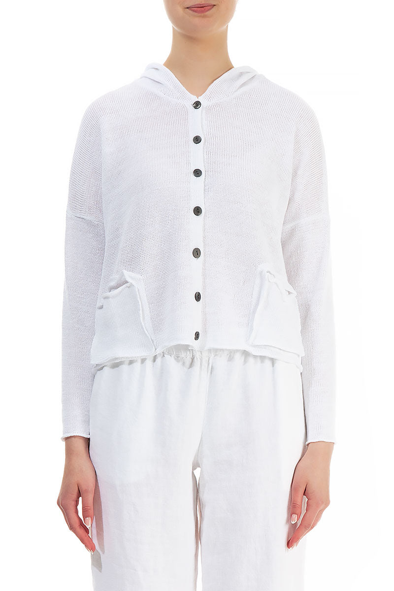 Hooded Boxy White Linen Cardigan 1