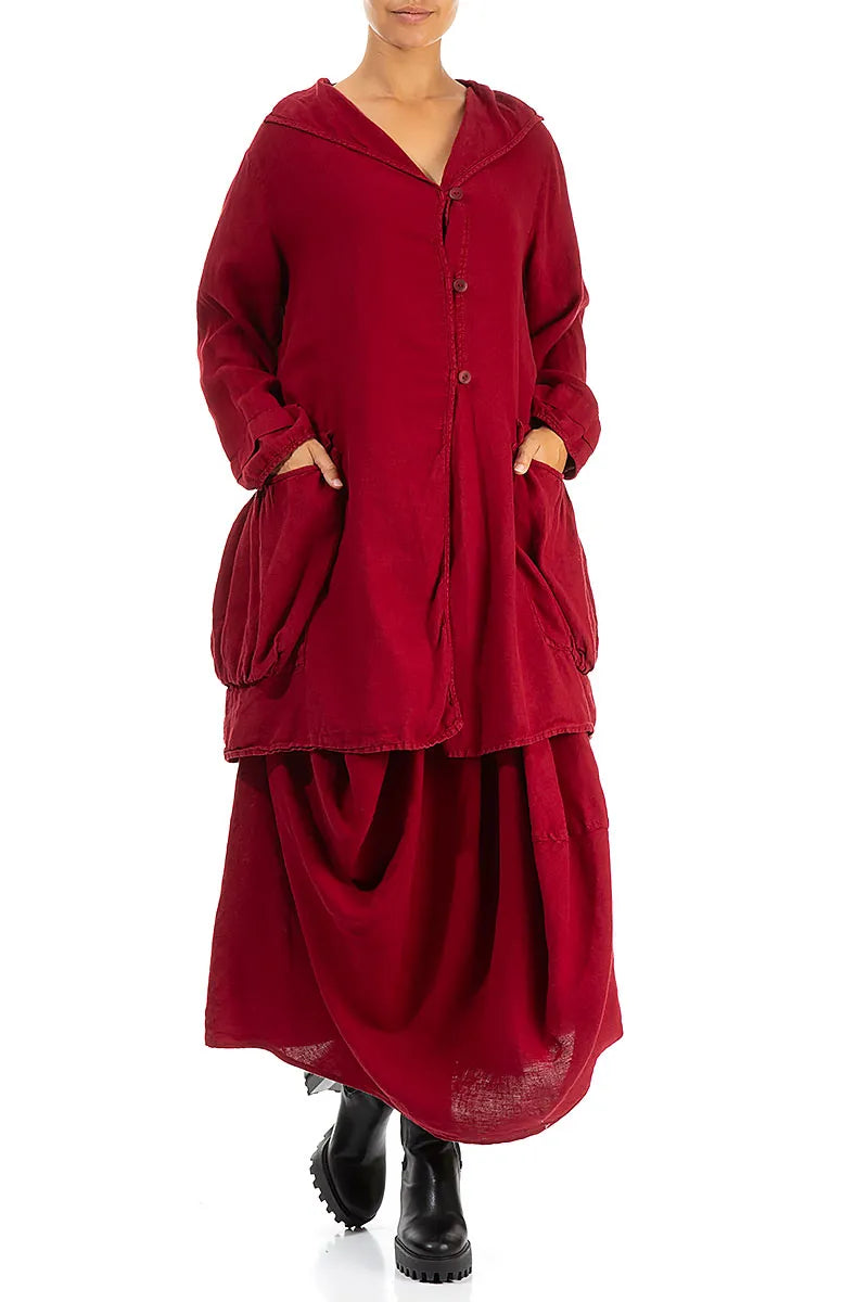 Hooded Large Pockets Dark Red Linen Jacket 4