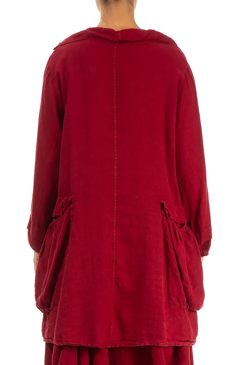 Hooded Large Pockets Dark Red Linen Jacket 2