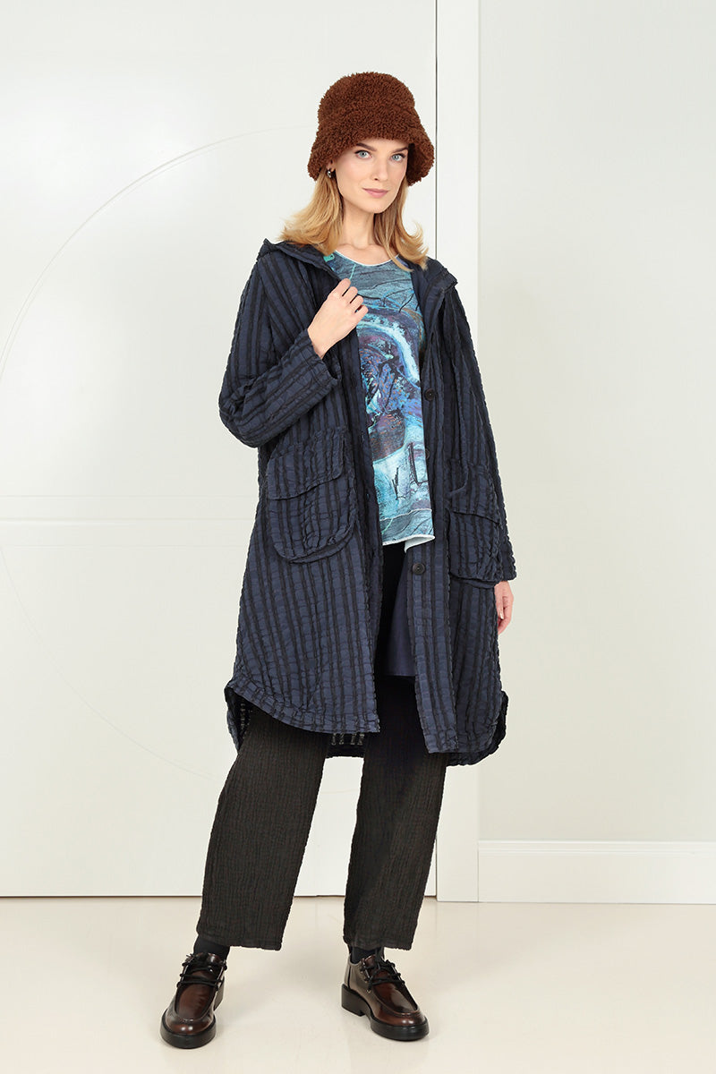 Hooded Oversized Slate Blue Checkered Linen Cotton Jacket 6