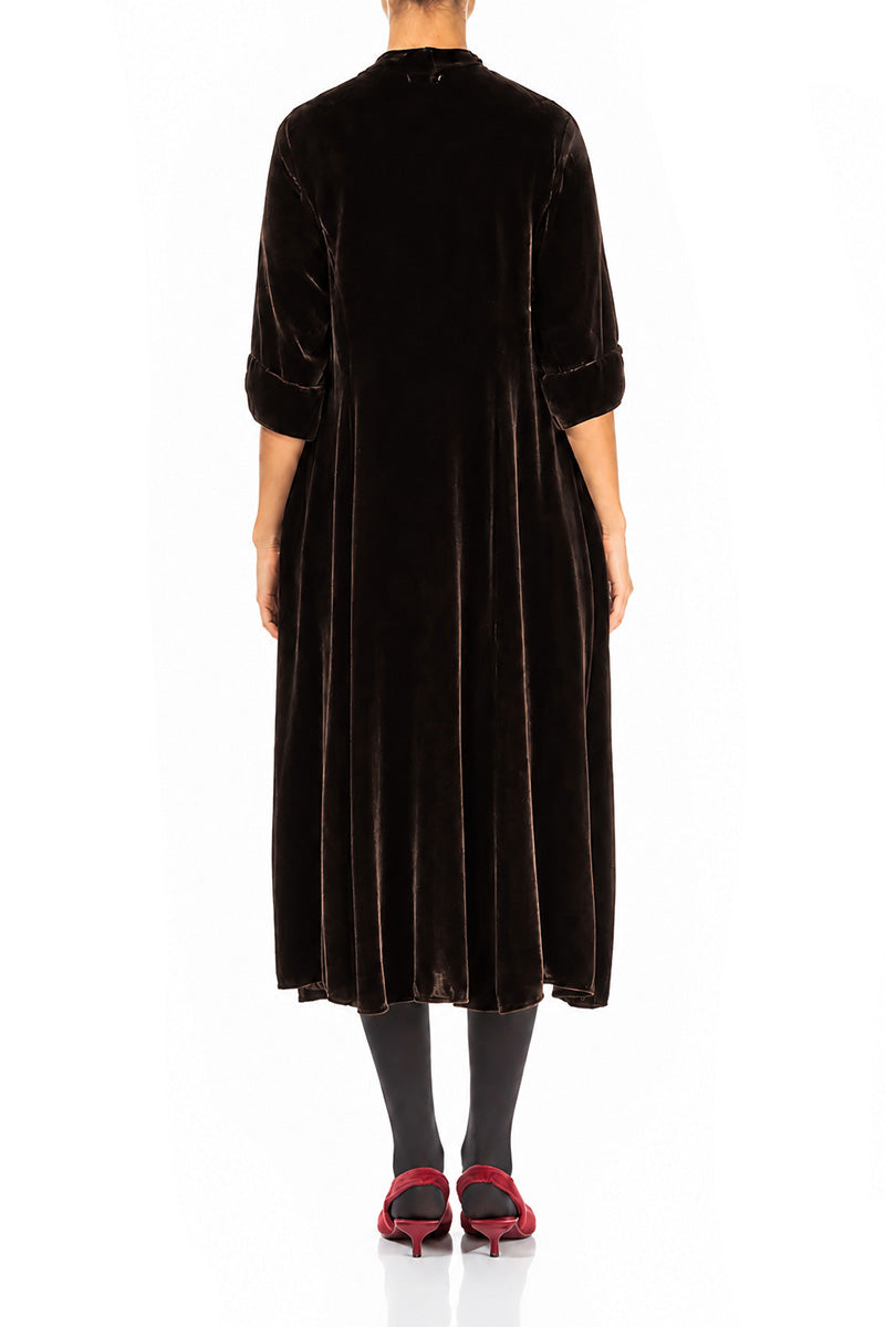 Keyhole Neck Truffle Brown Silk Velvet Dress