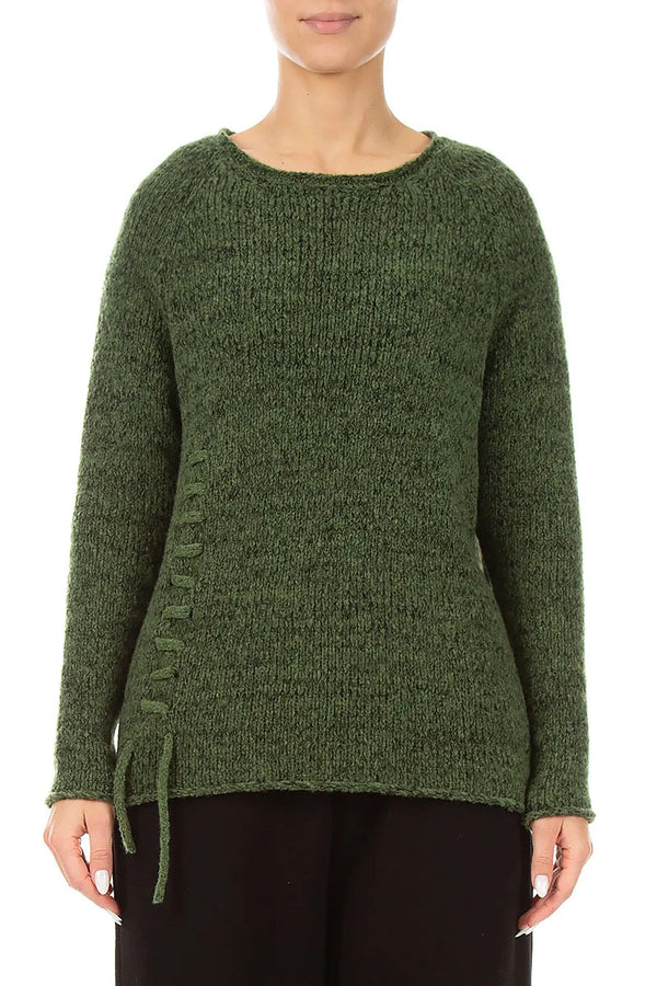 Lace-Up Dark Sage Wool Sweater 1