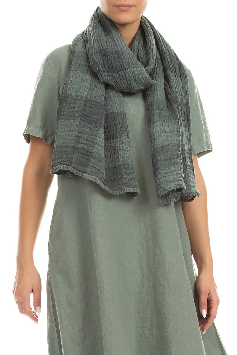 Large Check Sage Gauze Linen Scarf 3
