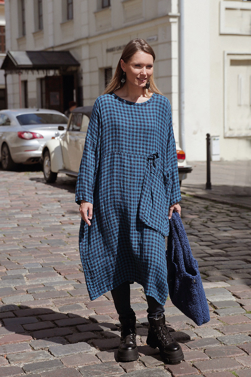 Large Side Pocket Blue Check Linen Dress 6