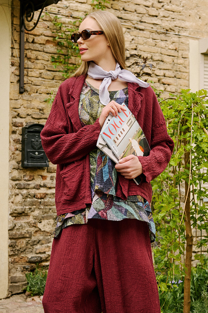 Layered 3/4 Sleeves Art Mosaic Textured Silk Blouse