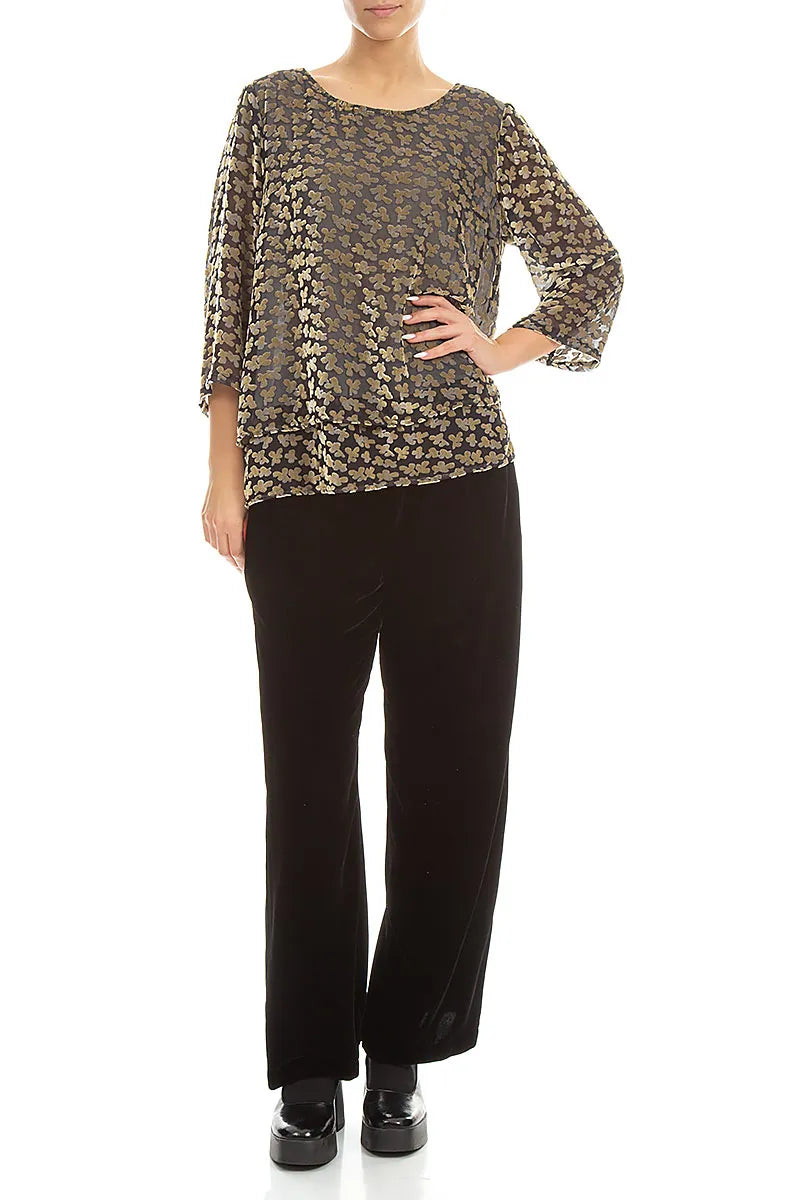 Chemisier en velours de soie doré à pétales dévorés superposés