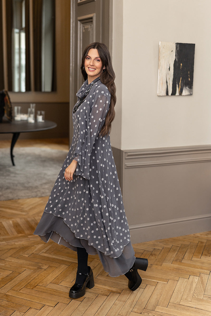 Layered Dotty Grey Silver Silk Dress 6