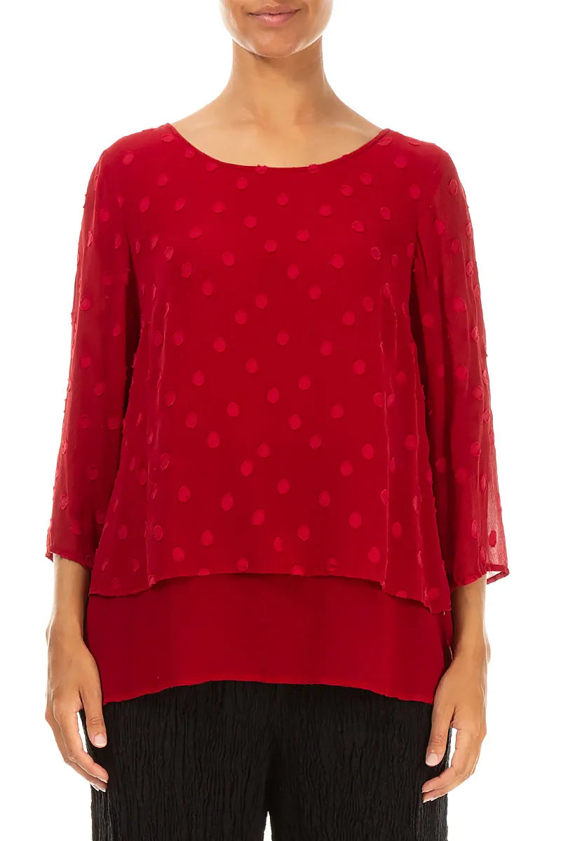 Layered Dotty Cherry Red Silk Blouse 1