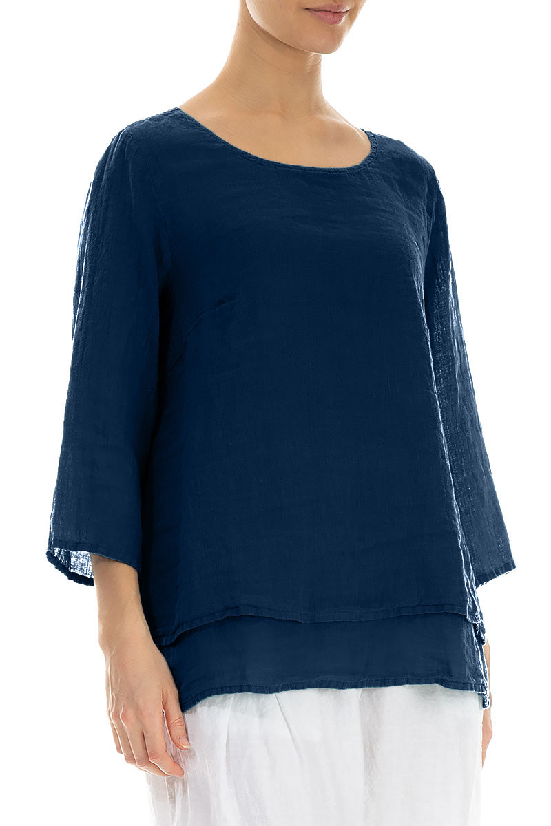 Layered Navy Gauze Linen Blouse 3