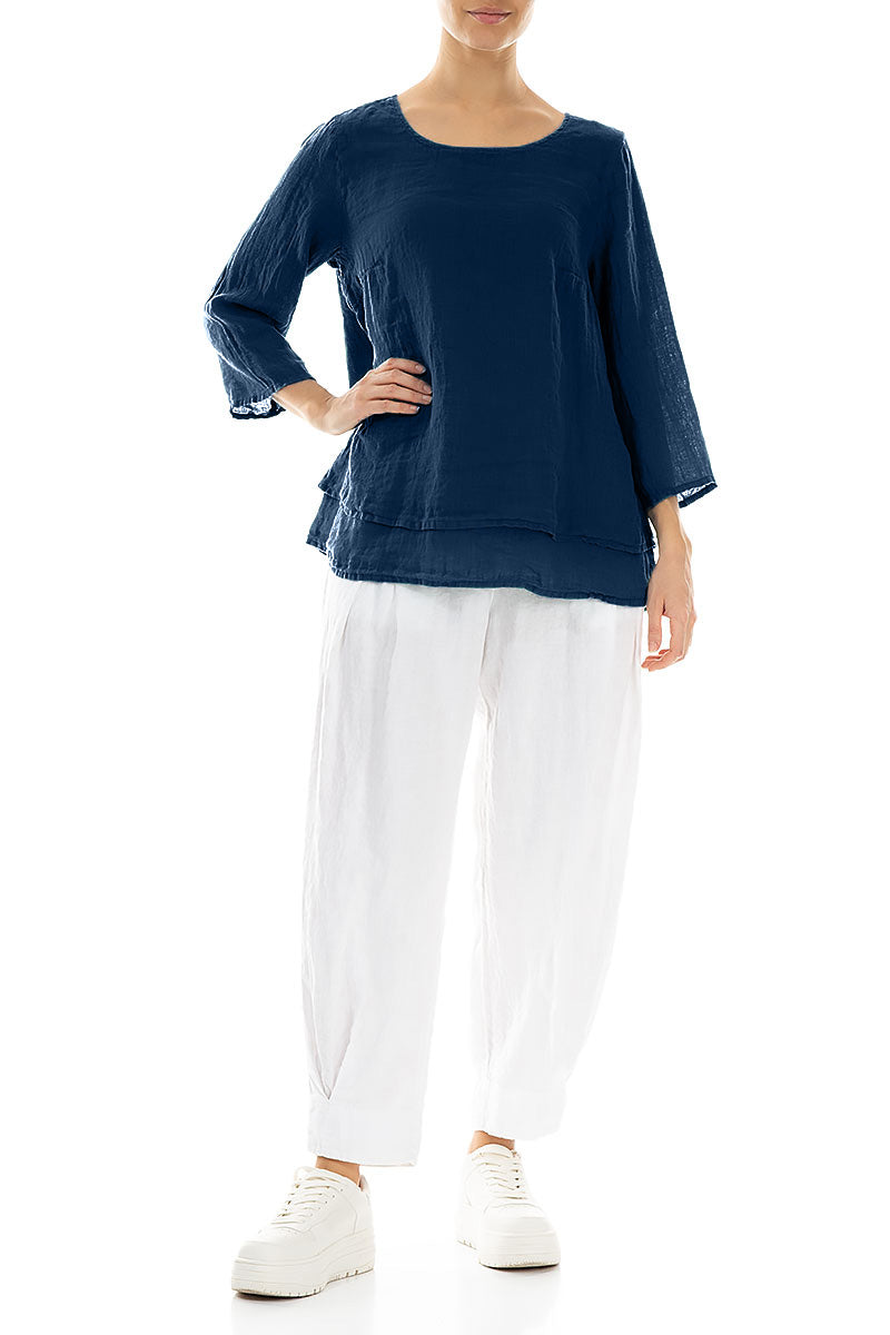 Layered Navy Gauze Linen Blouse 4