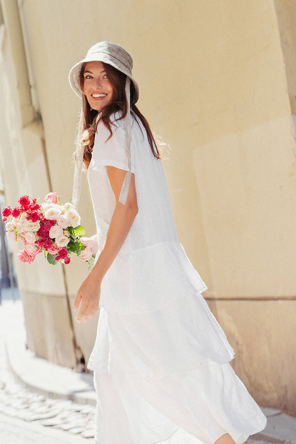 Layered Ruffles White Linen Dress