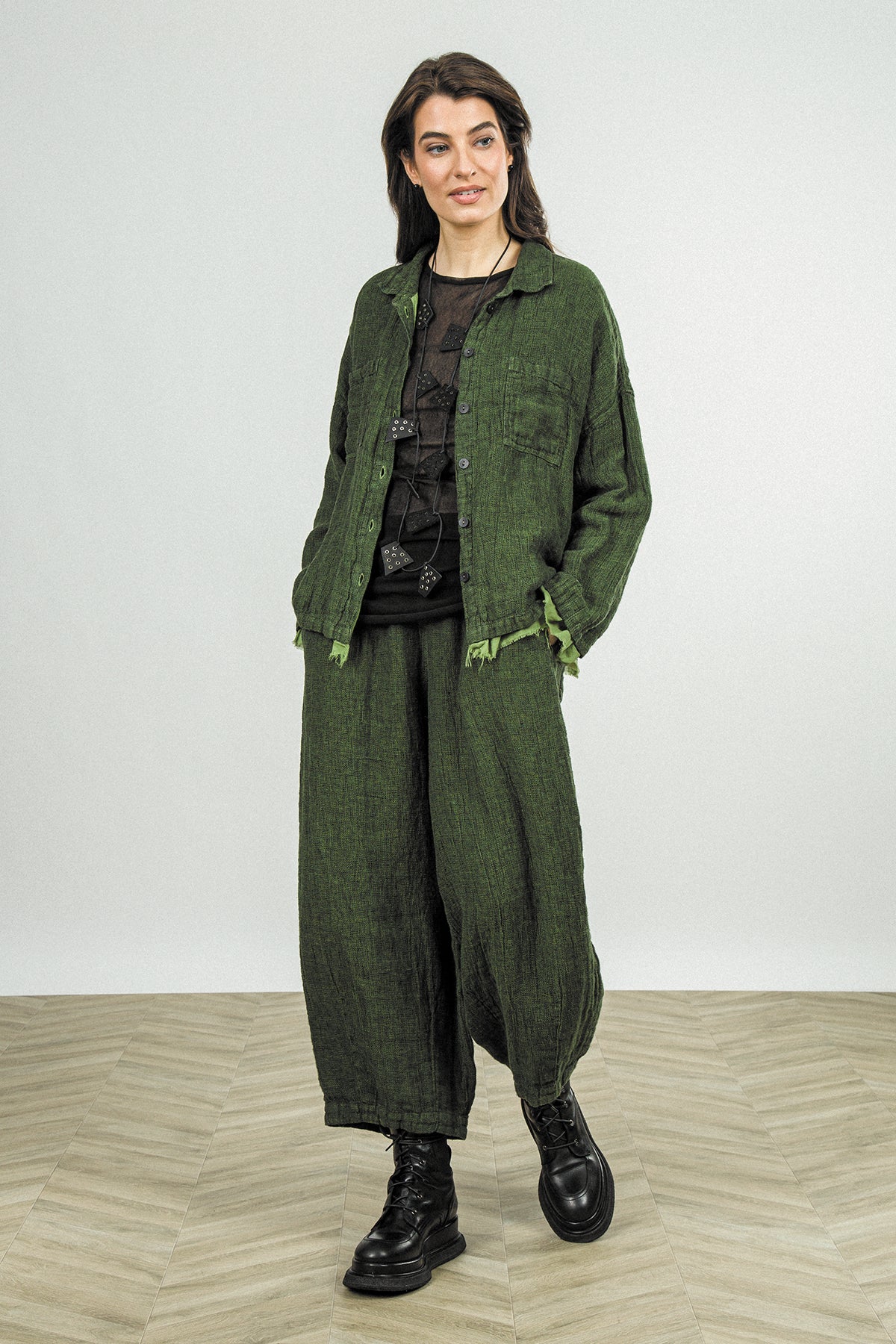 Layered Shamrock Green Mélange Linen Shirt 9