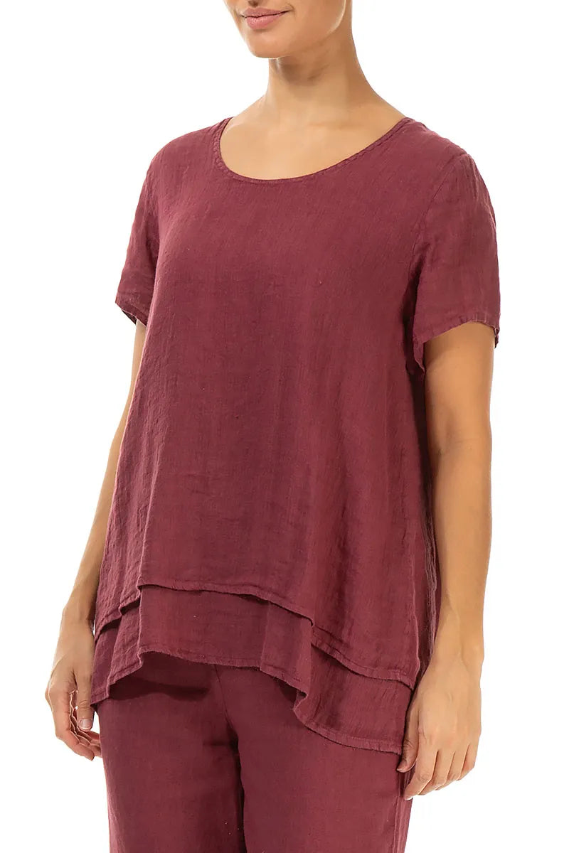 Layered Short Sleeves Antique Ruby Gauze Linen Blouse 3