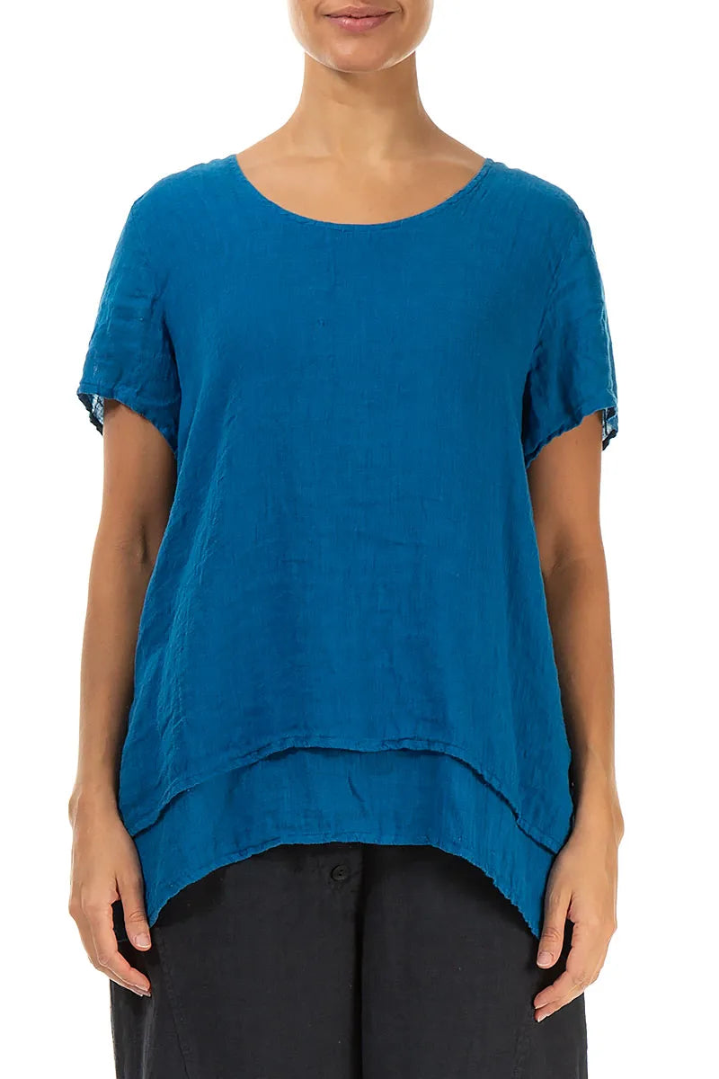 Layered Short Sleeves Cobalt Blue Gauze Linen Blouse