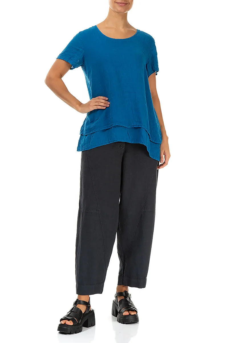 Layered Short Sleeves Cobalt Blue Gauze Linen Blouse