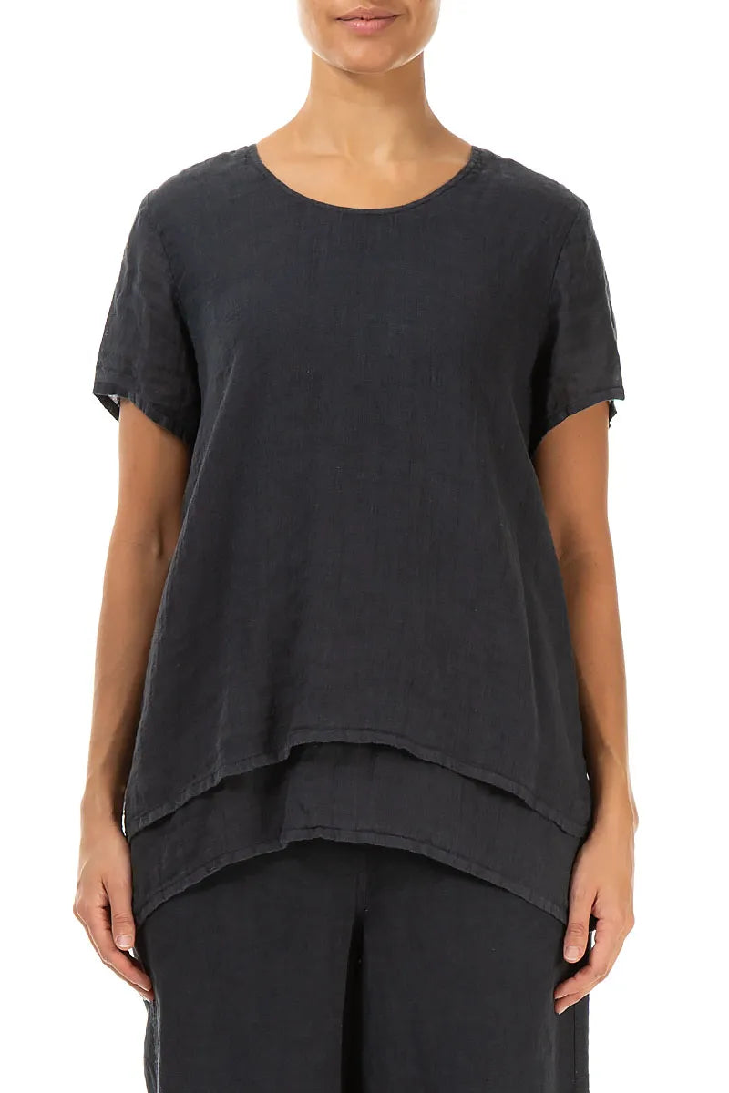 Layered Short Sleeves Graphite Gauze Linen Blouse 1