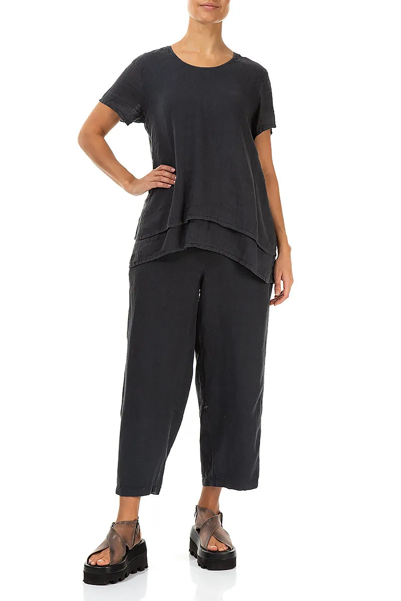 Layered Short Sleeves Graphite Gauze Linen Blouse 4