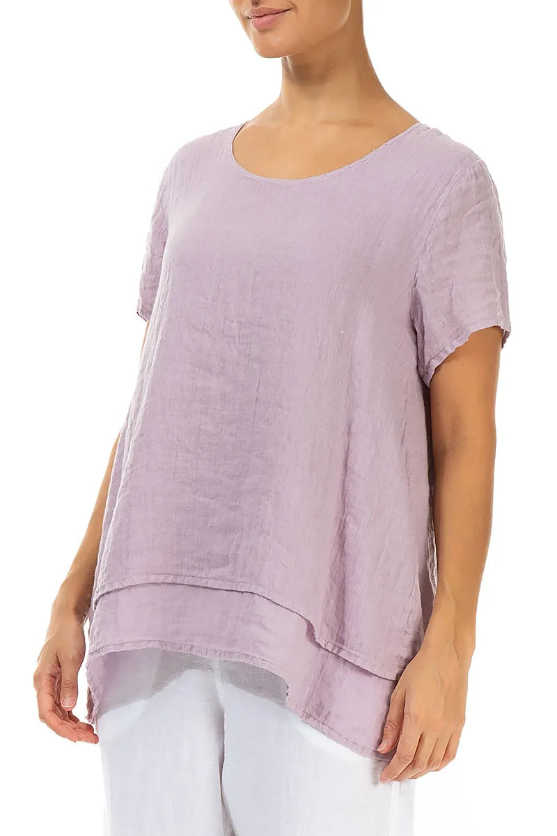 Layered Short Sleeves Lilac Gauze Linen Blouse 3