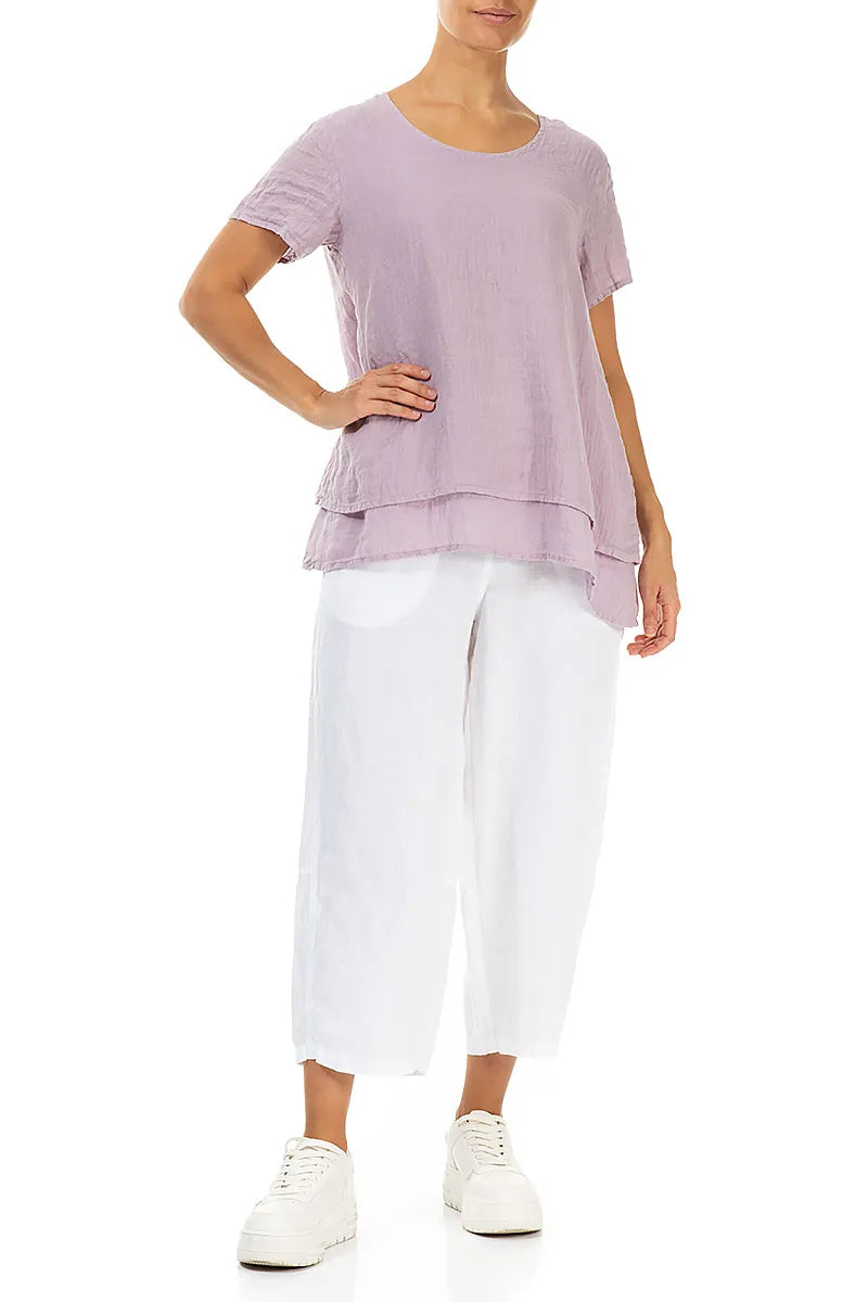 Layered Short Sleeves Lilac Gauze Linen Blouse 4