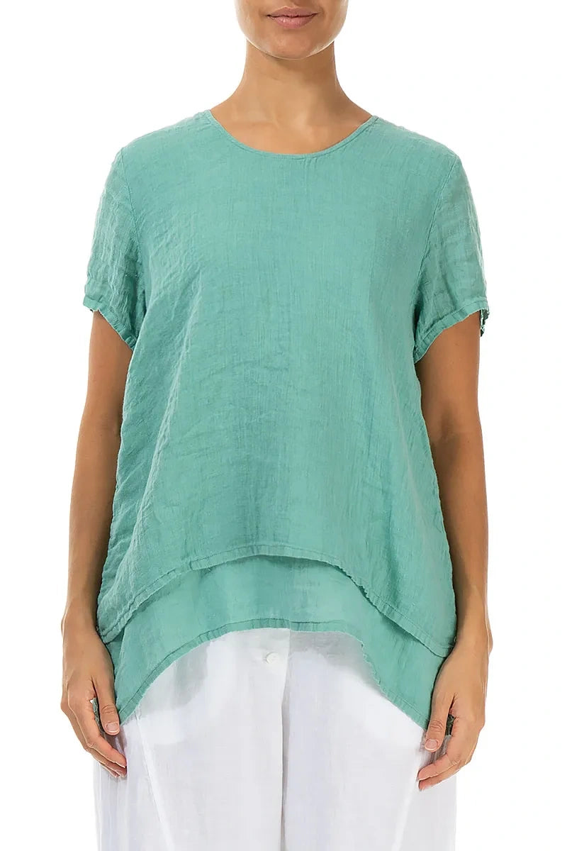 Layered Short Sleeves Mint Gauze Linen Blouse 1