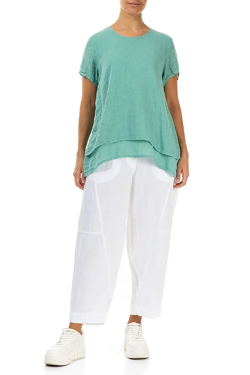Layered Short Sleeves Mint Gauze Linen Blouse 4