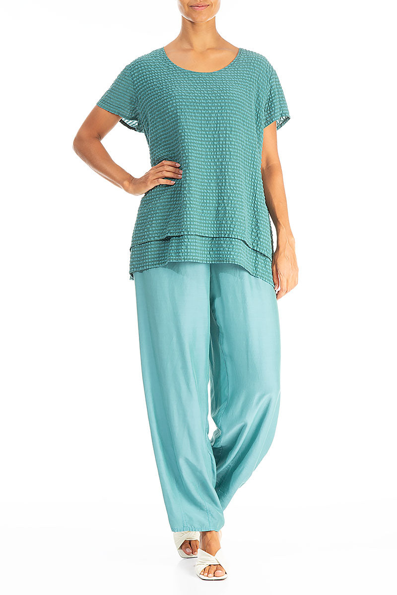Layered Turquoise Textured Silk Blouse 4