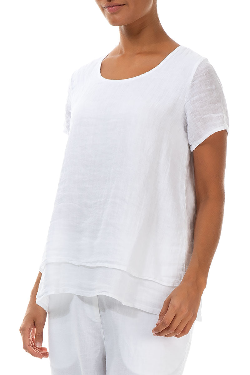 Layered Short Sleeves White Gauze Linen Blouse 3
